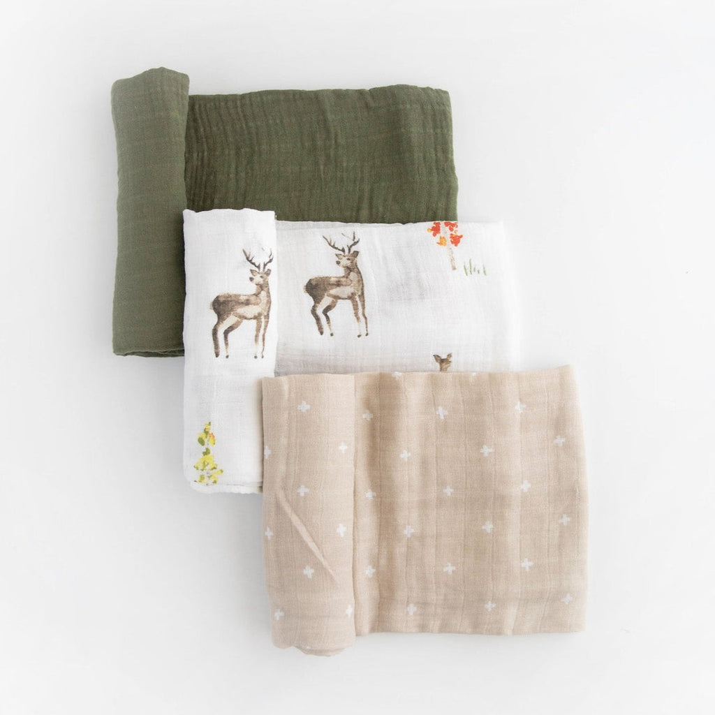 One to swaddle, one to cuddle, one to nurse! Featuring three hand-painted prints that fit your unique style, our swaddles are crafted in lightweight and breathable cotton muslin and get softer with every wash. Cotton Muslin Swaddle Blanket Set - Oh Deer 2.      Materials  100% cotton muslin.  Loose weave that breathes and keeps your little one the perfect temperature.