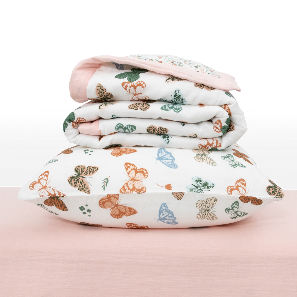 Celebrate their imagination. The Toddler Bedding Set features a variety of themes and prints to help bring their creativity to life as they transition from infant to toddler. 3 piece set includes: 1 Toddler Comforter, 1 crib sheet, 1 pillowcase.  Cotton Muslin Toddler Bedding 3 Piece Set - Butterflies