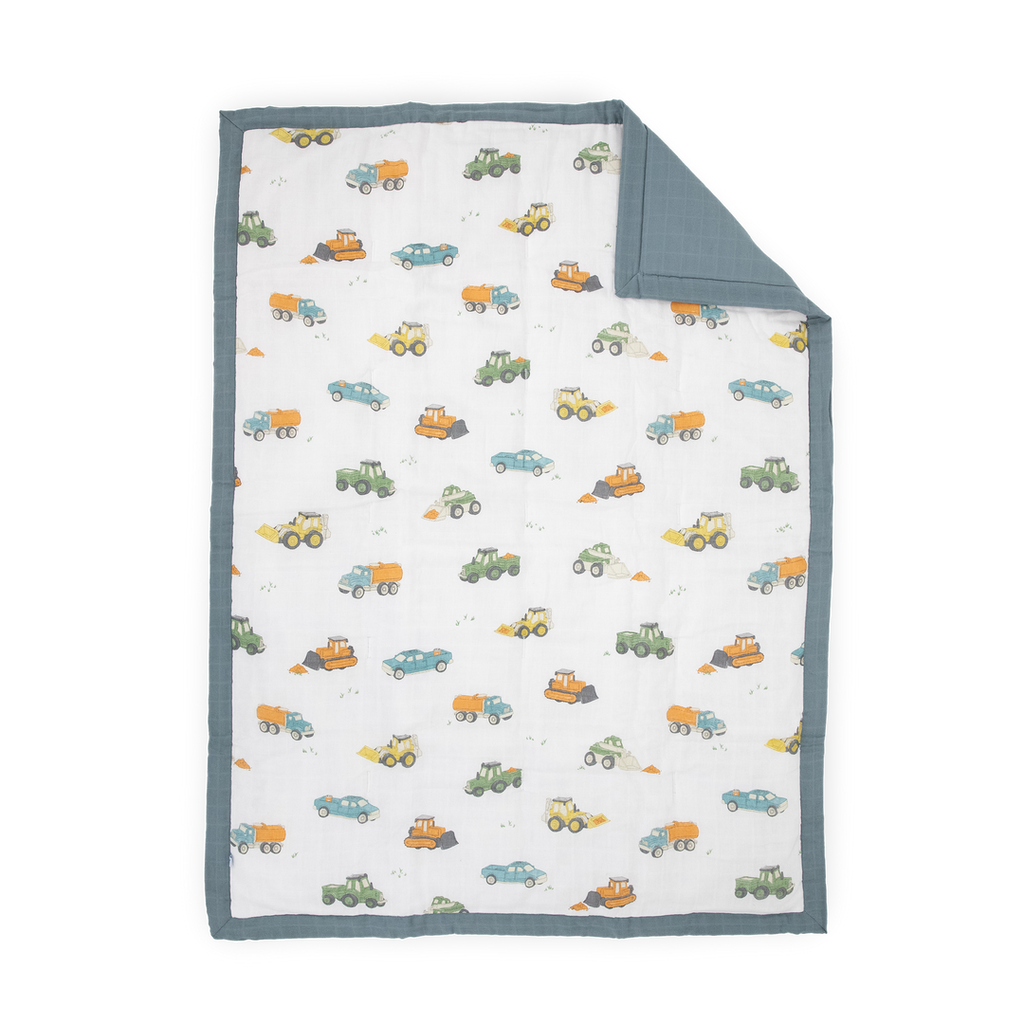 Celebrate their imagination. The Toddler Bedding Set features a variety of themes and prints to help bring their creativity to life as they transition from infant to toddler. 3 piece set includes: 1 Toddler Comforter, 1 crib sheet, 1 pillowcase.  Cotton Muslin Toddler Bedding 3 Piece Set - Work Trucks