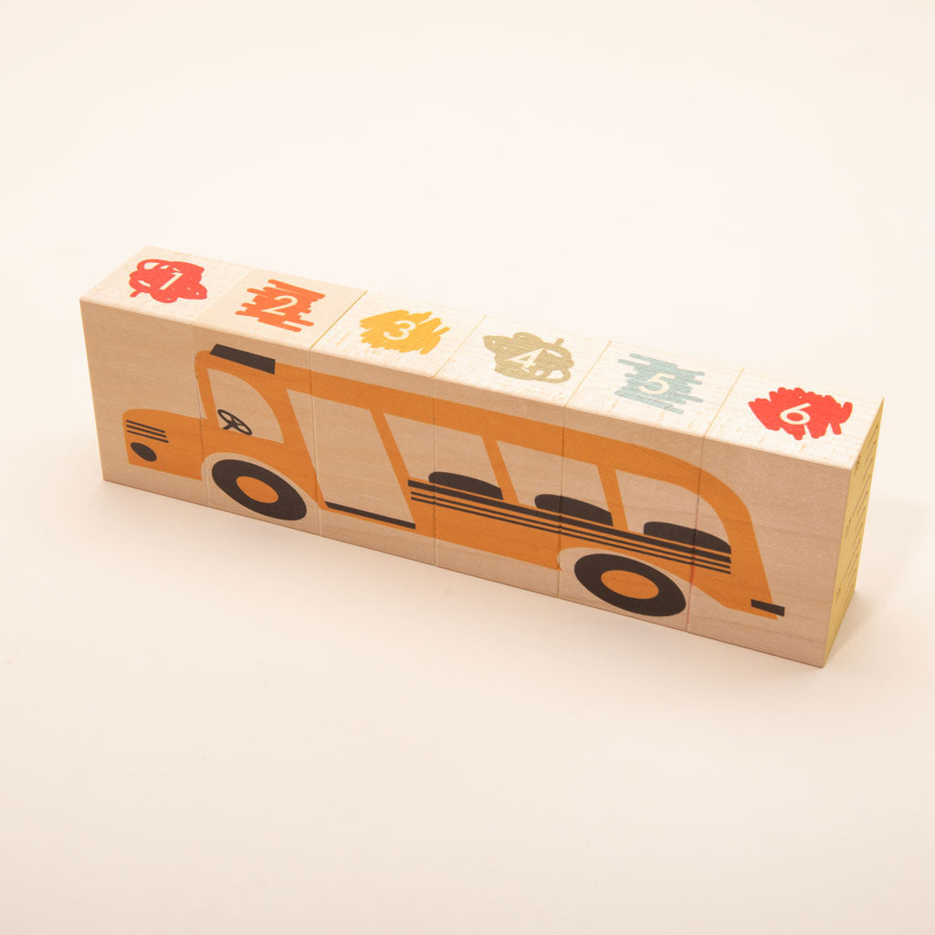 It’s time to go to school! Take the big yellow bus. Learn to write cursive. Measure 18 inches with a ruler. See colored pencils and how they scribble. Count to six. Will you give an apple to your teacher? And will it have a worm in it? More than 6 rectangular blocks, this artful set is a decorative puzzle.  6 - 3 x 1.75 inch blocks
