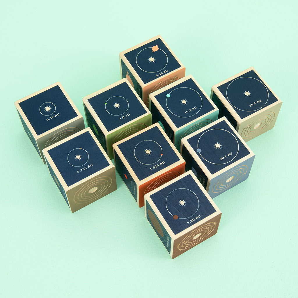Mercury. Venus. Earth. Mars. Jupiter. Saturn. Uranus. Two debossed sides feature the planet’s symbol, name, and number of moons. The four printed sides reveal a planet illustration, diameter, location, and distance from the sun. This 9 block set honors all 8 planets in our solar system; plus a bonus dwarf planet, Pluto.