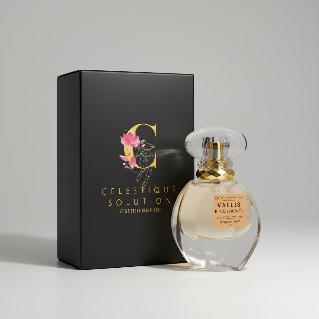 Perfume bottle and packaging on a wooden surface with a marble background