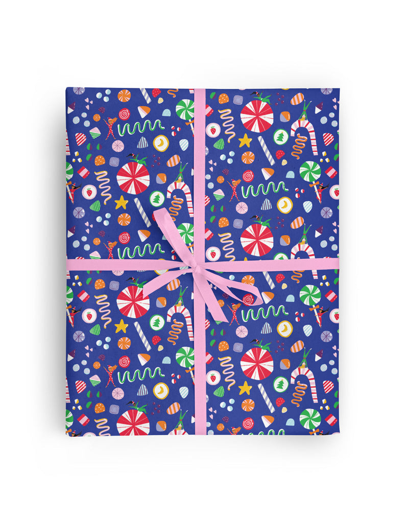 Candy Candy Candy,  that's what the holidays are about right?   Mid-weight gift wrap with matte finish.   Size  3 Single sheets gift wrap per roll 19.7" x 27.5" per sheet Printed with love by 1973 LTD on FSC certified paper in the UK