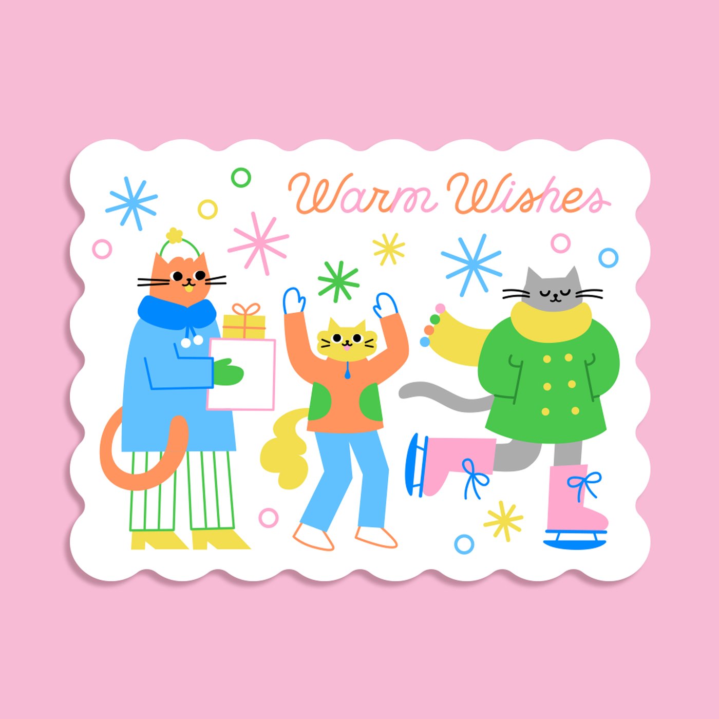 Suncatcher with a scalloped edge, depicting 3 cats doing winter frolicking in coats. Illustrated in a simplistic style with pastel colors. Pictured against a pink background. 