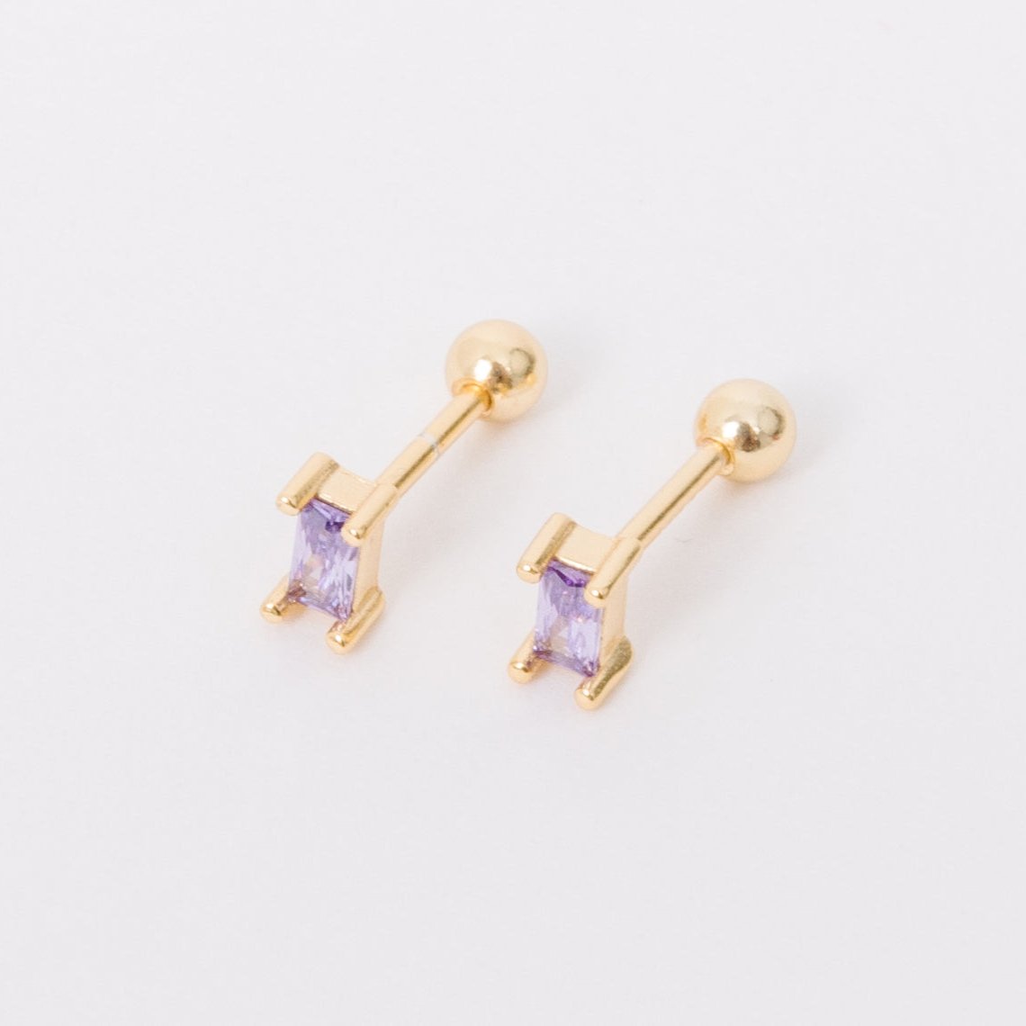 light purple baguette cut cubic zirconia on gold filled stud
