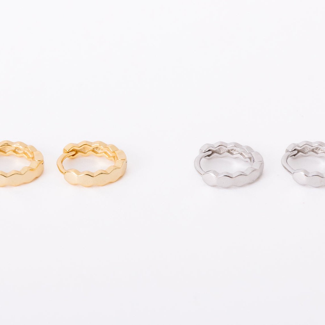 Crinkle Huggies. Gold Filled. Sterling Silver. You are able to sleep, shower, swim and LIVE in this jewelry. With the click in and click out closure, they stay closed, and don't poke your neck!