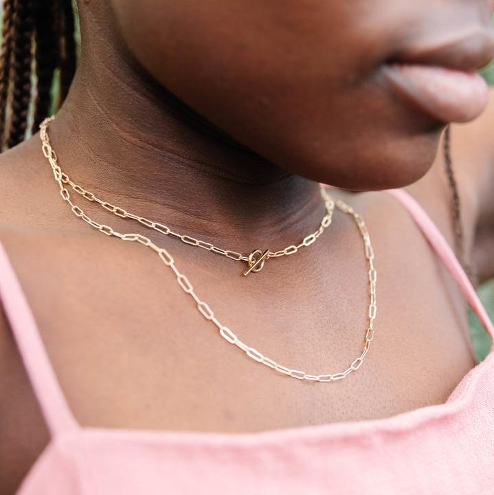 14k Gold Filled Chain. Available in 14, 15, 16, 18 or 20 inch chain (14 inch is a choker length, 18 inch is standard necklace length). Available with a traditional spring clasp that goes in the back, or a large front clasp.
