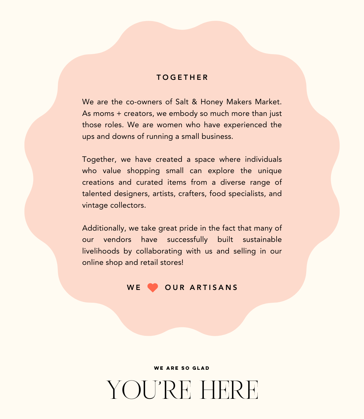 Text on a pink background with a decorative border, promoting a community of artisans and small business owners.