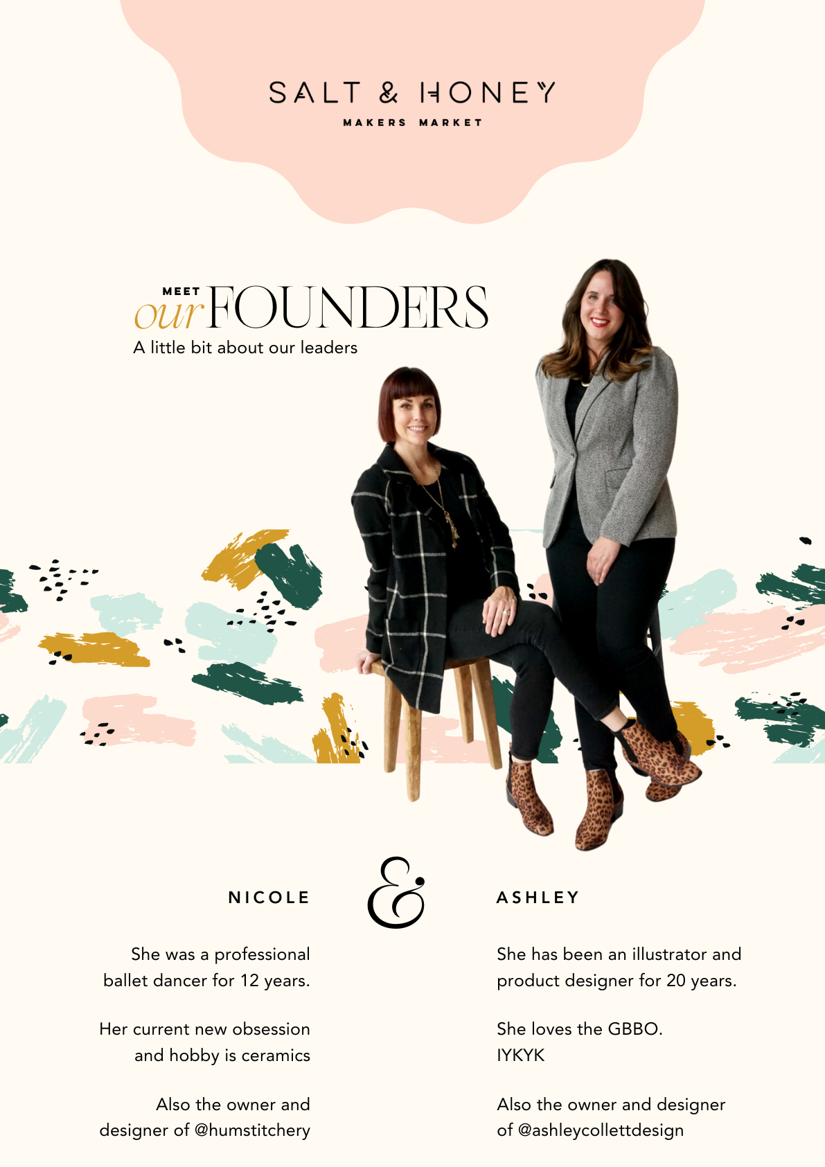 Two women, Nicole and Ashley, are introduced as the founders of Salt & Honey with a decorative background.