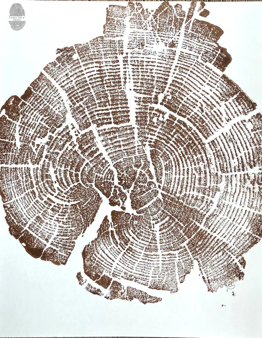 Yellowstone Tree Ring Print in Brown Ink, 11x14 inches, Hand Pressed Woodblock. Signed Original