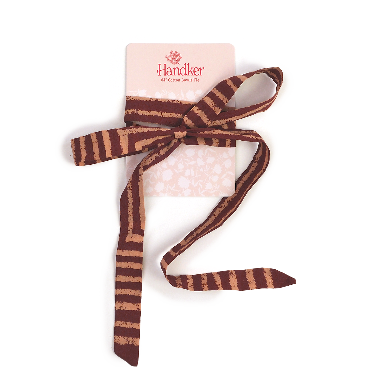 Striped tie with a pink card featuring 'Handker' brand on a white background