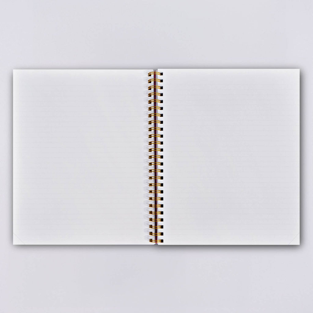 This lovely soft cover notebook is made in the UK using FSC certified paper. It measures 17.8 x 21.5cms, which is just slightly bigger than an A5 size and has brass colored wire binding. It has 160 lined pages, made from 115gsm recycled paper and features a 300gsm soft cover.