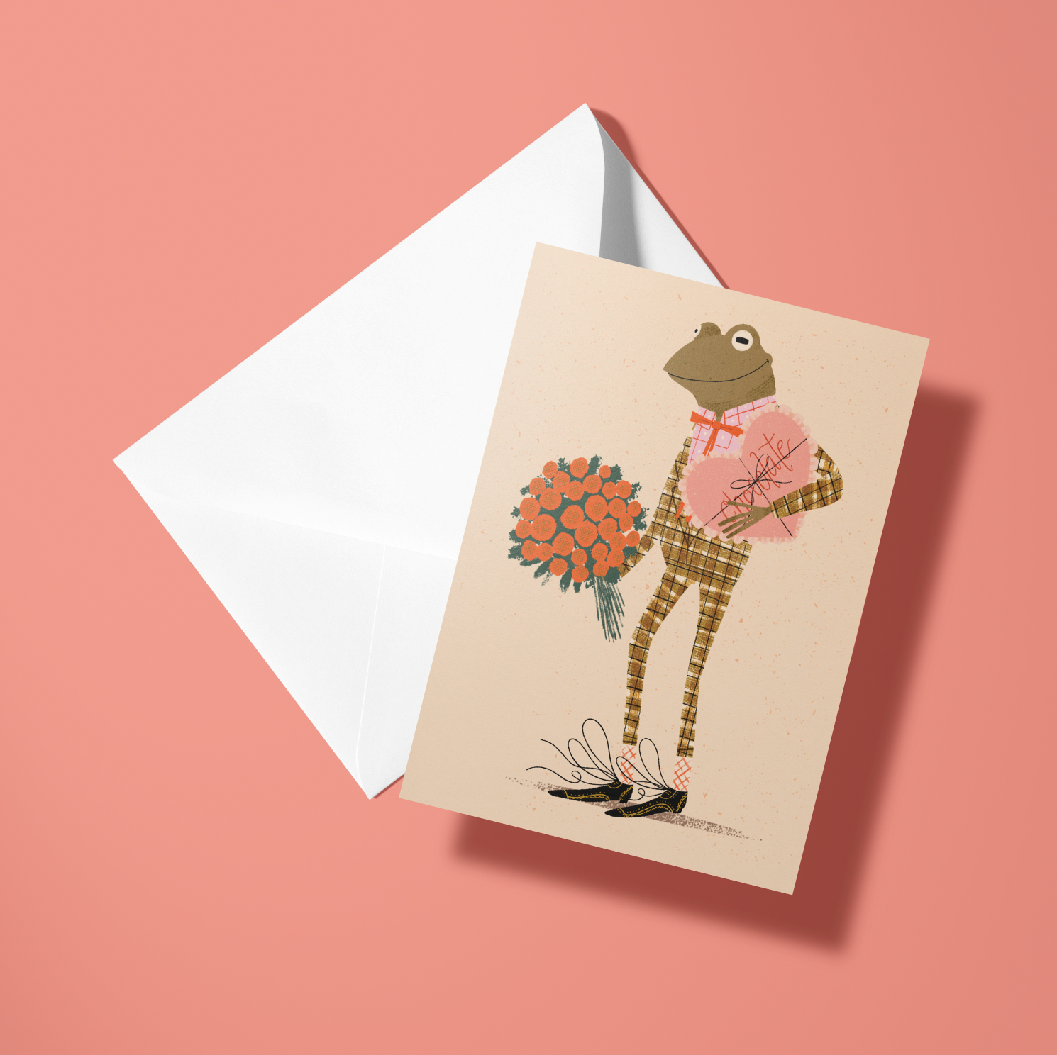 Greeting card with a frog character holding flowers and a bow tie on a pink background