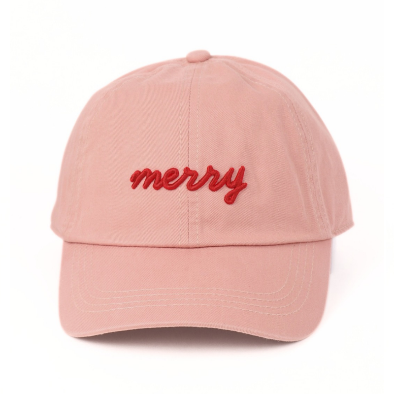 Christmas Merry 3D Puff Embroidered Baseball Cap - Pink cap with red Merry on it