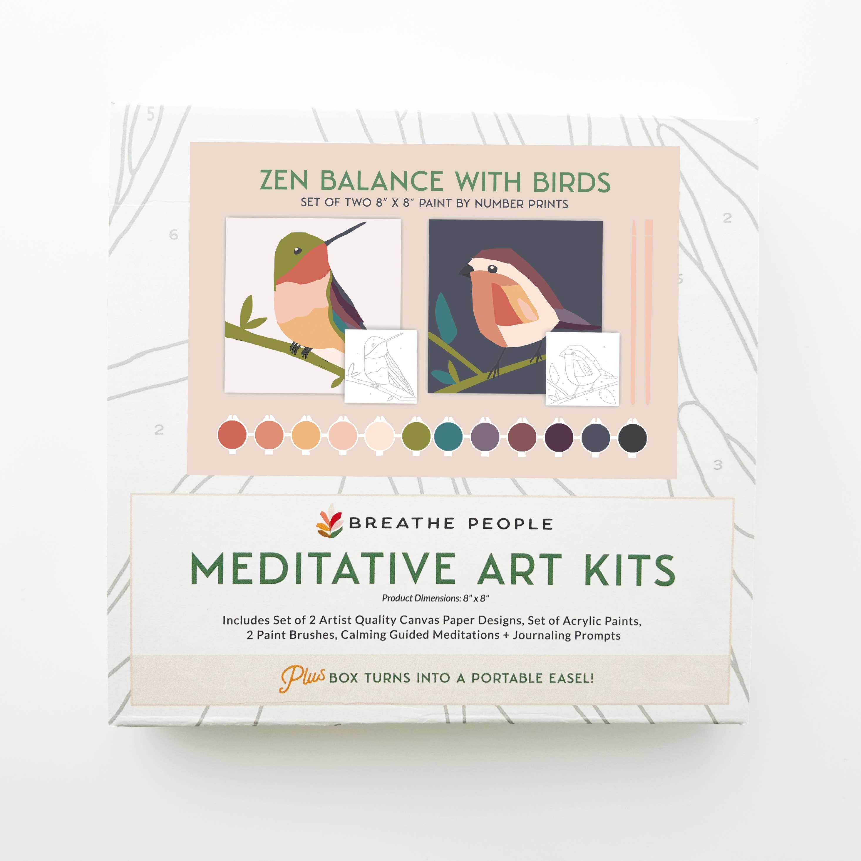 Meditative art kit packaging with bird illustrations on a white background