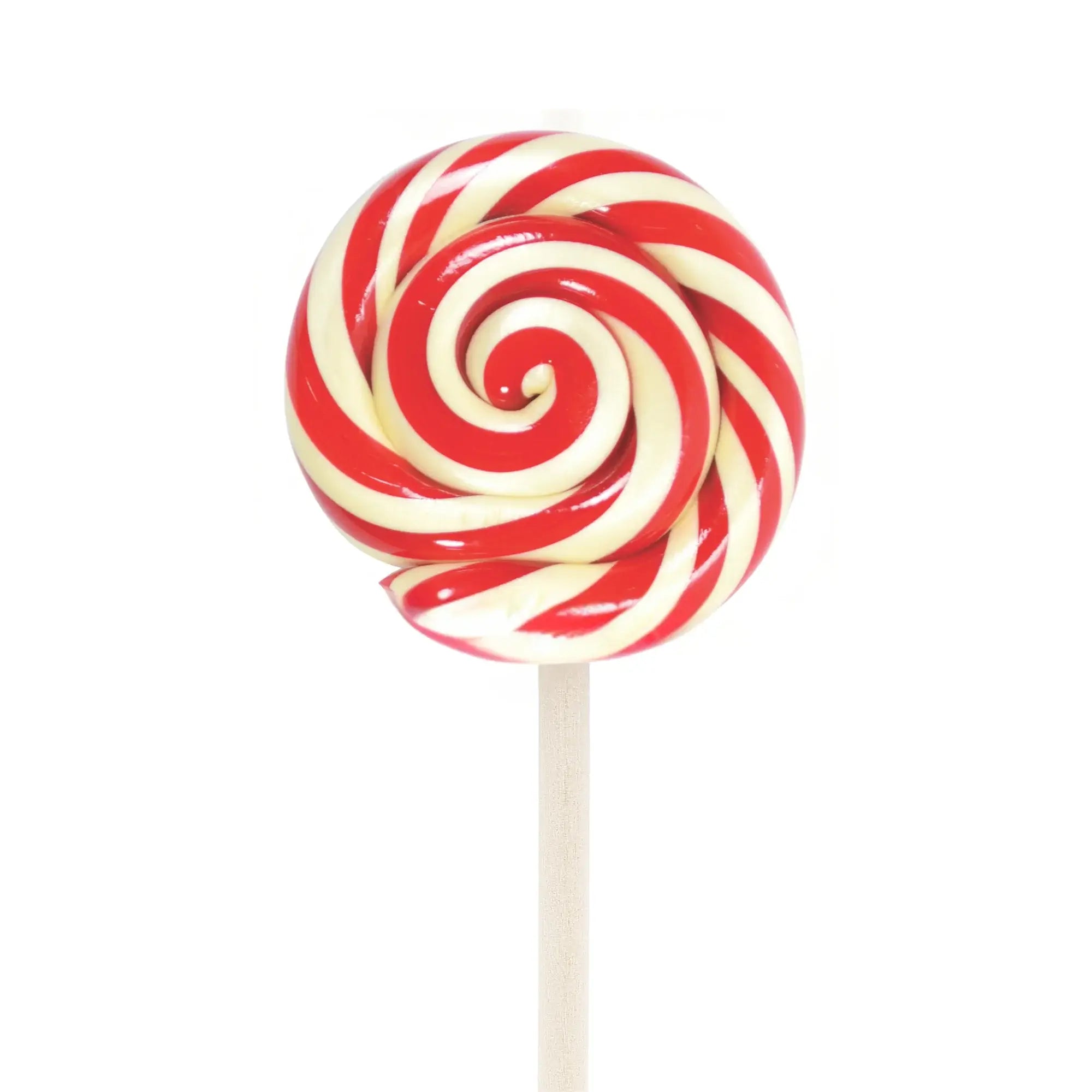 Red and white striped lollipop on a white background