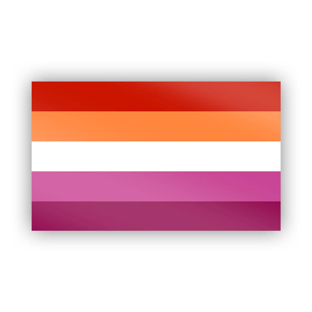 Lesbian Pride Flag sticker ready for sticking on laptops, water bottles, your car, or anywhere else you can think of. A simplified 5 stripe lesbian pride flag, just in sticker form!  3" x 1.8"