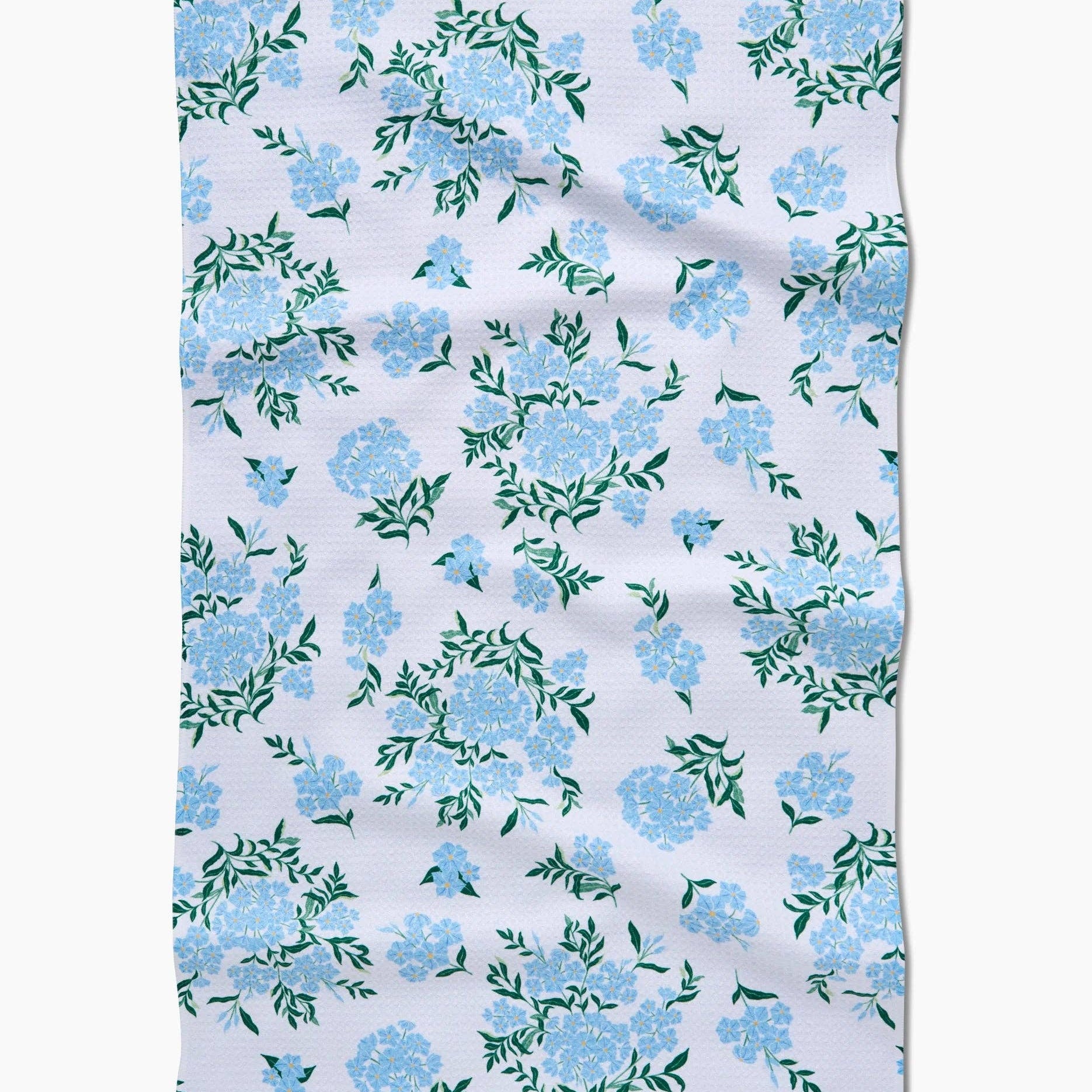Floral patterned fabric with blue flowers on a white background