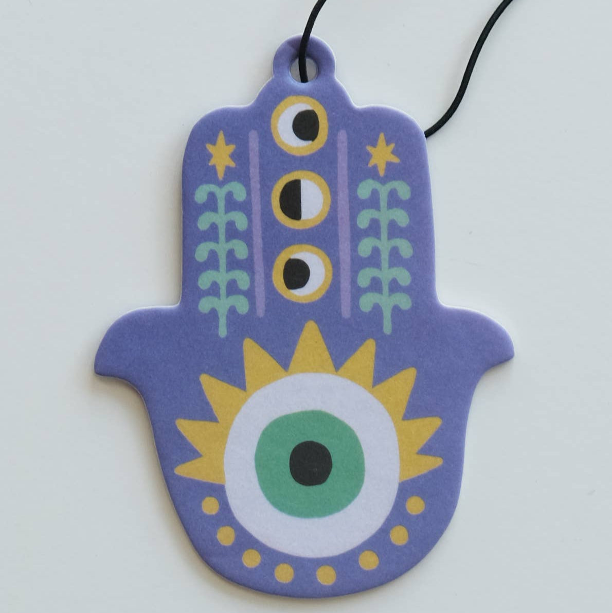 Decorative Hamsa hand pendant air feshener with colorful design on a white background