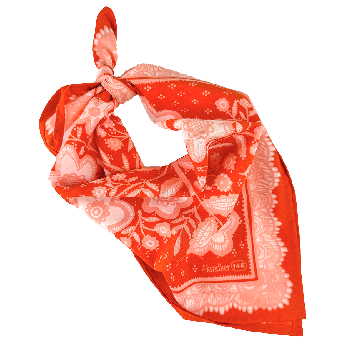 Red floral patterned scarf on a white background