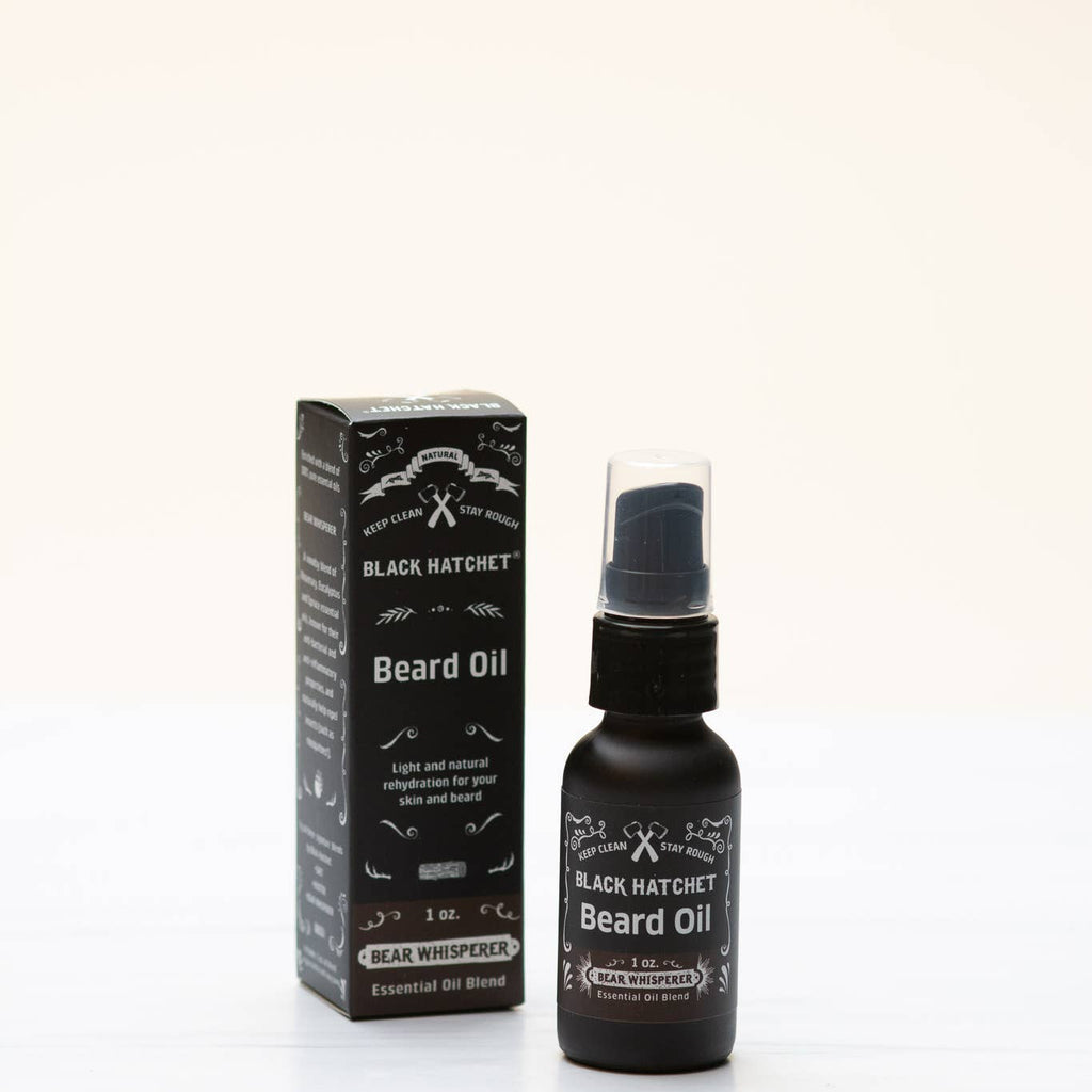 Black hatchet beard oil softens, tames, shapes, and adds a healthy shine to beards, mustaches, and eyebrows. It is a blend of light, rich oils that absorb into the skin quickly.
It is enriched with 100% pure essential oils. Rosemary, eucalyptus, and spruce blend.  1 oz. Glass bottle with no-mess dispenser.


