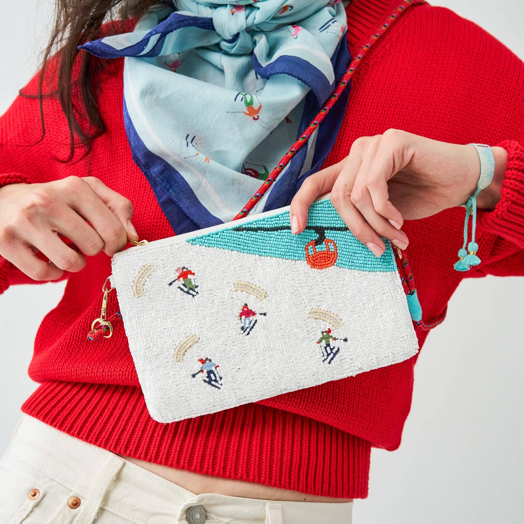 Leila Skier Seed Bead Clutch With Strap