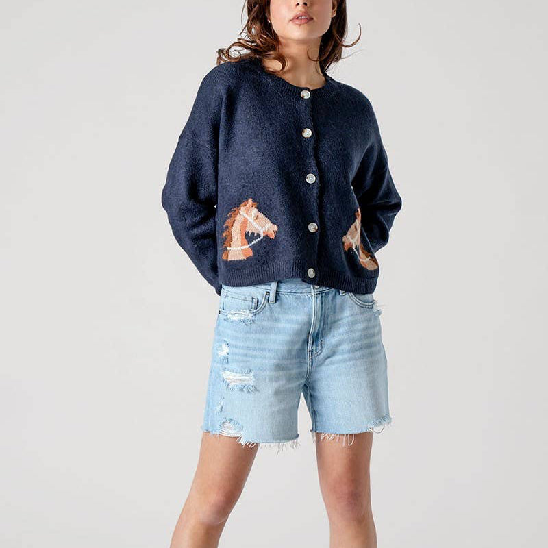Western Horse Button Cropped Cardigan Sweater - Navy