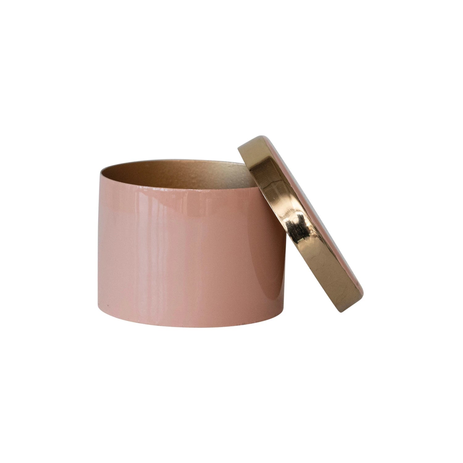 This pink enameled metal box with gold interior is a beautiful and classy piece that can add some charm to any space. The box features a round metal shape with a pink enameled coating that gives it a smooth and glossy look. The interior of the box has a gold finish that adds a touch of luxury and glamour.