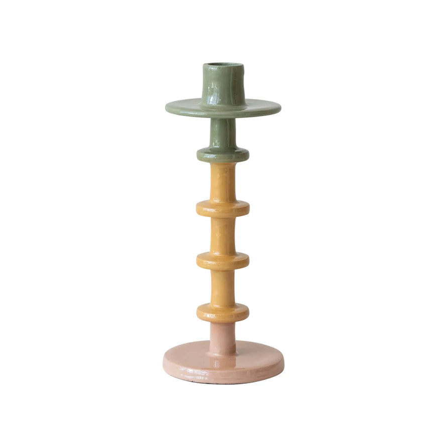 Enameled Metal Taper Holder w/ Handle - Green, Tan & Pink