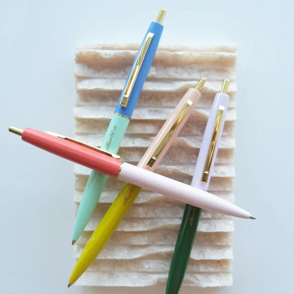 Our Retro Pens are designed in the classic mid-century style, updated with vibrantly hued duo-toned, scratch-proof barrels–designed to last a lifetime. Best of all, our pen barrels are manufactured in metal- not plastic! This makes a noticeably nicer weight for writing, and is environmentally friendly to boot! Each set of four coordinating pens is packaged in a custom-designed, plastic-free package.

• Black Ink • Ballpoint Style

• Approximately 5 1/2" x 3/8"

• Plastic Free Packaging