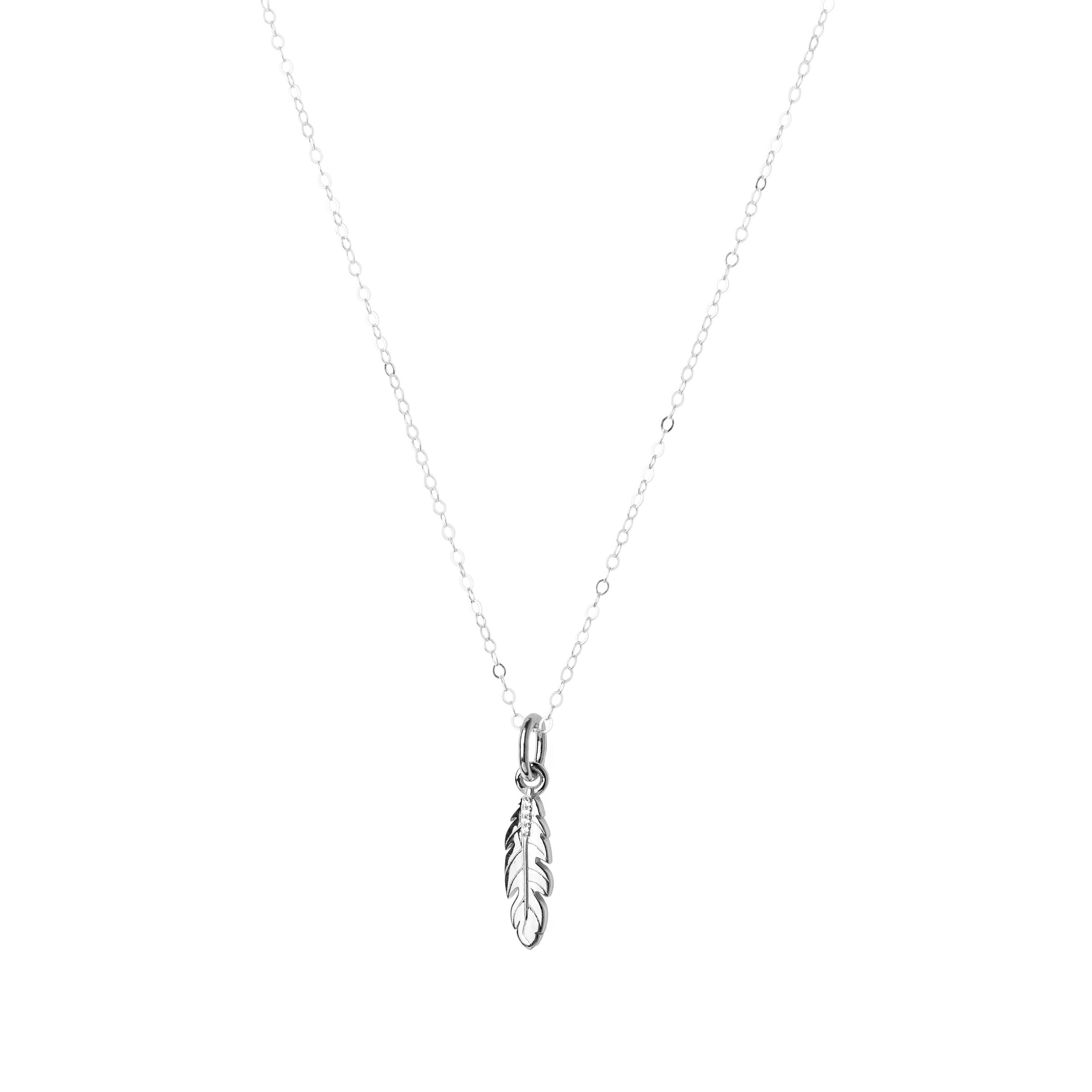 Silver Lucky Talisman Feather With CZ Charm Necklace