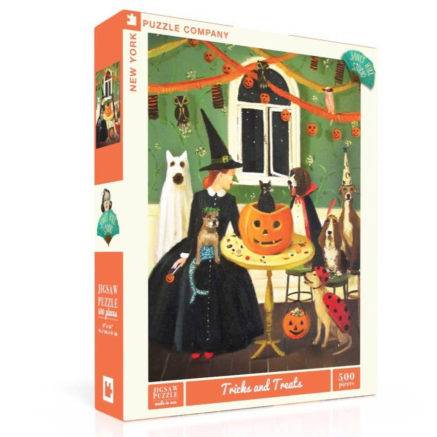 Happy Halloween! This festive scene captures Miss Moon at a Halloween house party where her dogs in costume steal the show, and a surprise guest—a black cat popping out of a jack-o-lantern —adds an extra layer of "how did I get here?" With its vibrant details and charmingly spooky atmosphere, this puzzle 500 piece puzzle, "Tricks &amp; Treats" by the talented Janet Hill promises a delightful challenge for all ages.

Details:

From Wise Words From A Dog Governess by Janet Hill
500 Piece Jigsaw Puzzle
Finishe
