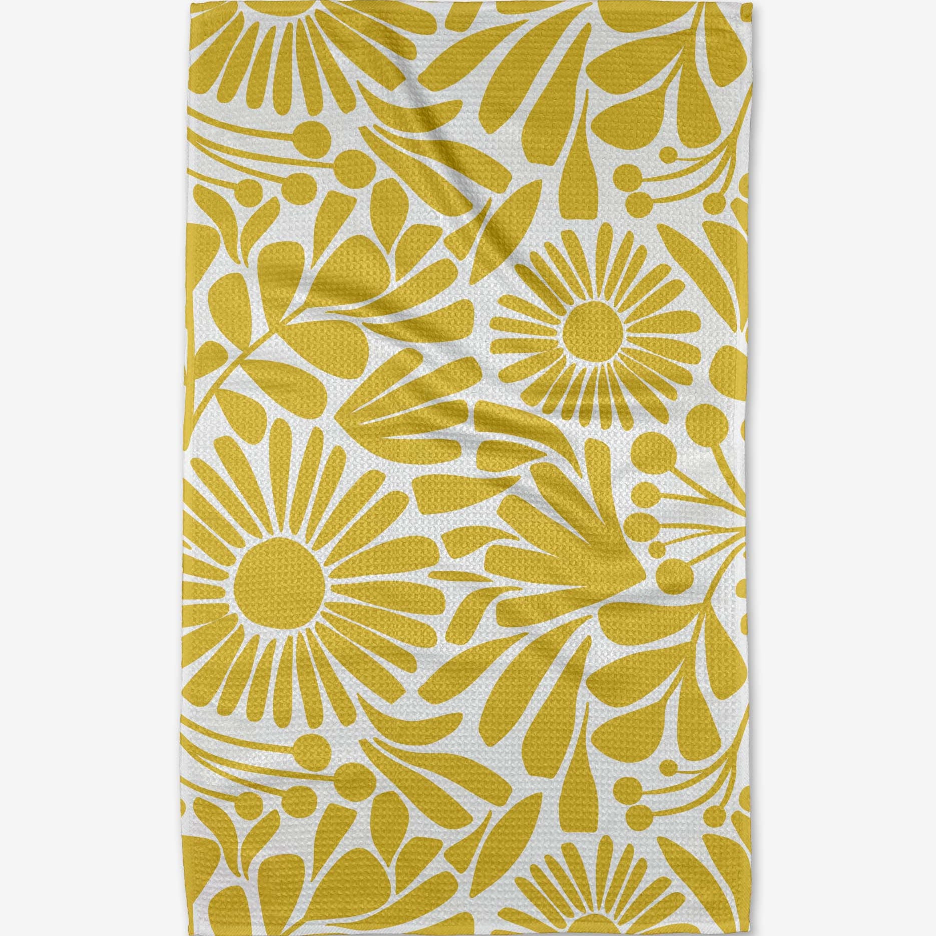Yellow floral patterned fabric on a white background