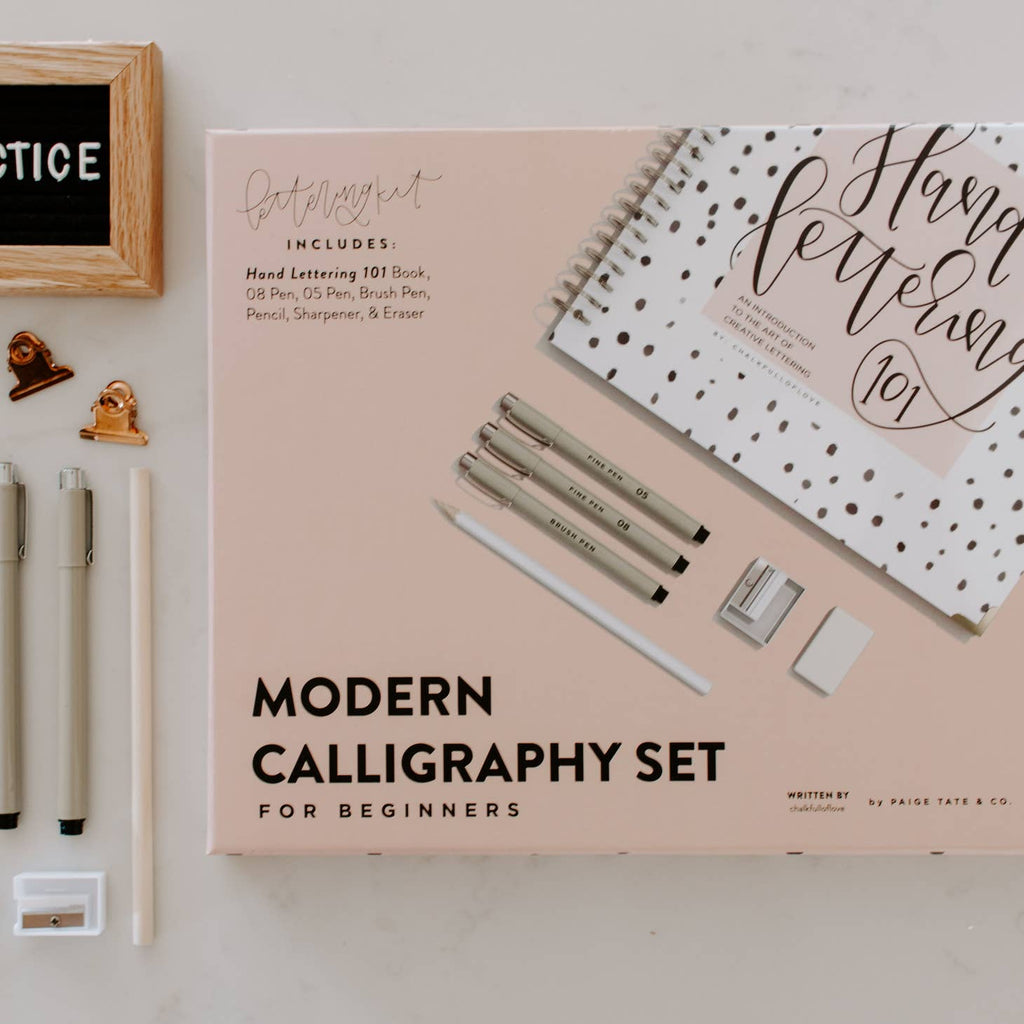 The only All-in-One kit specifically for modern calligraphy and creative lettering! So you're new to modern calligraphy and don't know where to start? Not sure what to buy? Intimidated by all the options? Fear not! This Modern Calligraphy Set for Beginners is brought to you by author Chalkfulloflove and publisher Paige Tate & Co. of Hand Lettering 101, the No. 1 bestselling modern calligraphy book in the world!