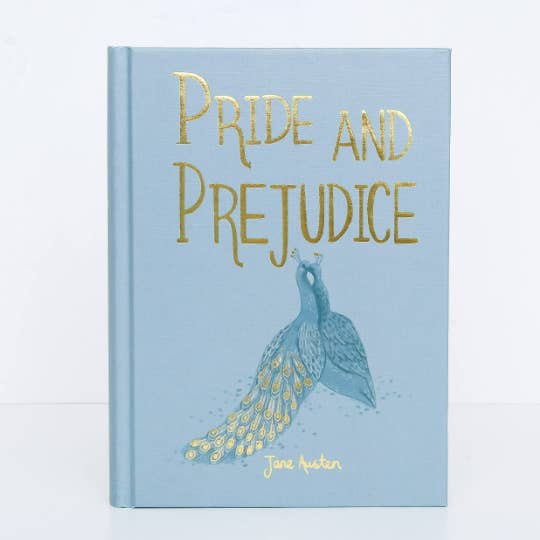 Book cover of 'Pride and Prejudice' with a peacock illustration on a light blue background