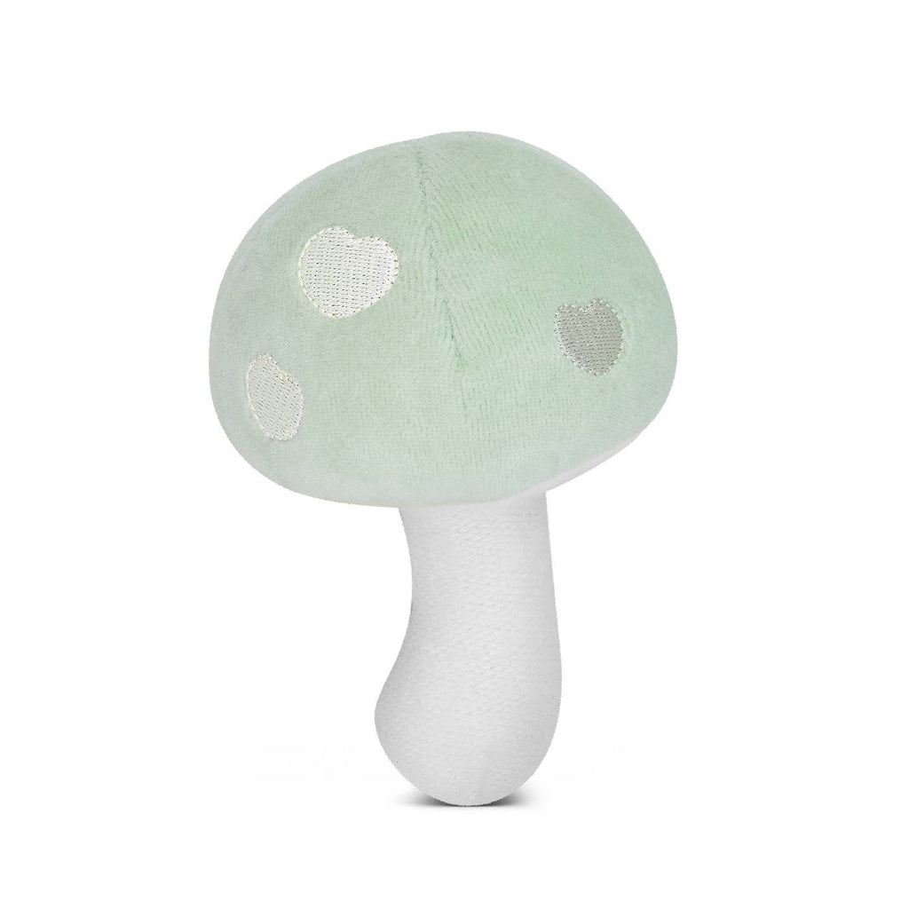 Let this Mushroom Rattle add a touch of whimsy to your baby's toy collection. Made of soft mint velour, it's perfect for tiny hands to shake and play with. It also makes a gentle rattling sound to stimulate sensory development. It's the perfect blend of cute and practical. Fungi never looked so fun!