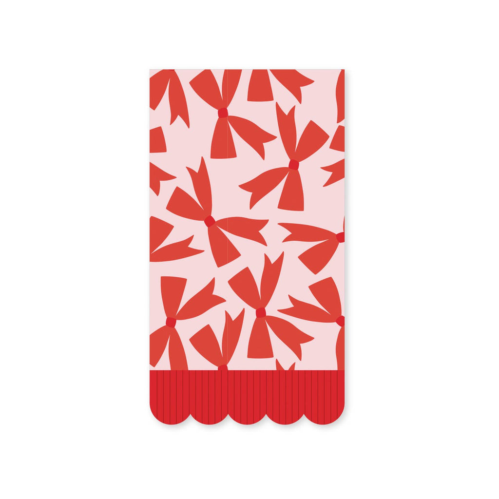 Make your holiday party extra festive with our adorable napkin! These red bows add a fun and playful touch to your dinner table. With a scalloped edge and fringe detailing, these napkins will surely impress your guests. Get ready to sleigh!