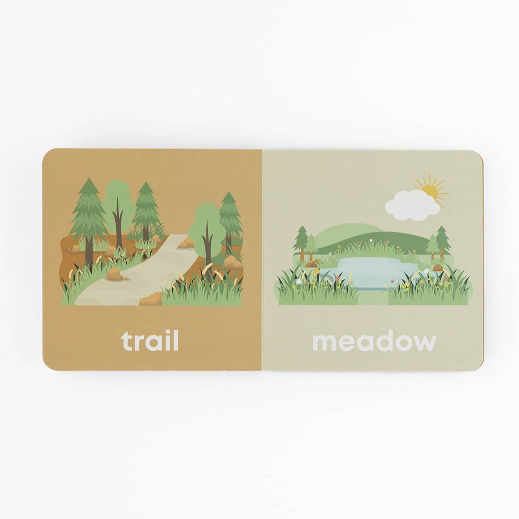 Two cards labeled 'trail' and 'meadow' with nature-themed illustrations on a white background.
