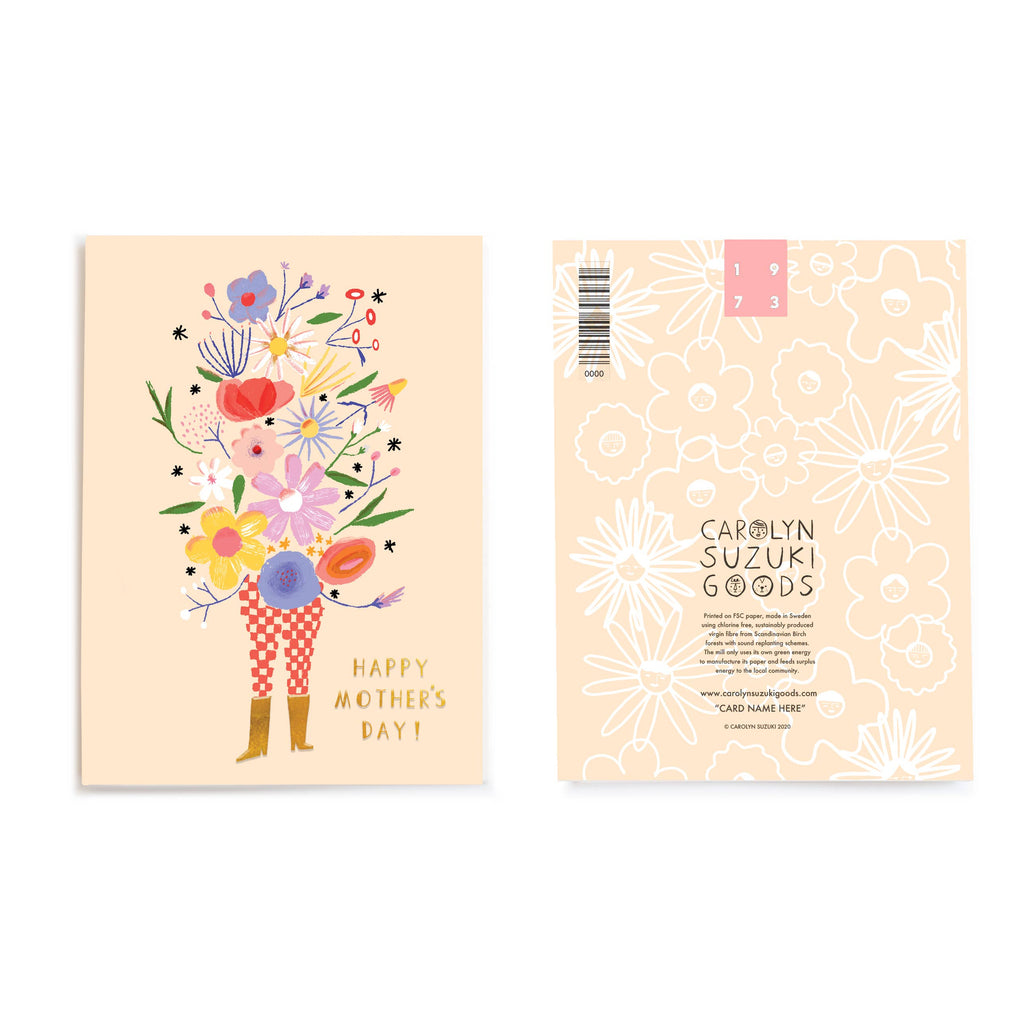 Celebrate Mother's Day with our FLOWER TOWER card! Show your mom how much she means to you with this unique and playful design. Featuring a whimsical tower of flowers, this card is sure to bring a smile to her face. Perfect for moms who appreciate a bit of quirkiness and humor!    •Blank inside. A2 Size - 4.25 by 5.5 inches with foil embellishments.