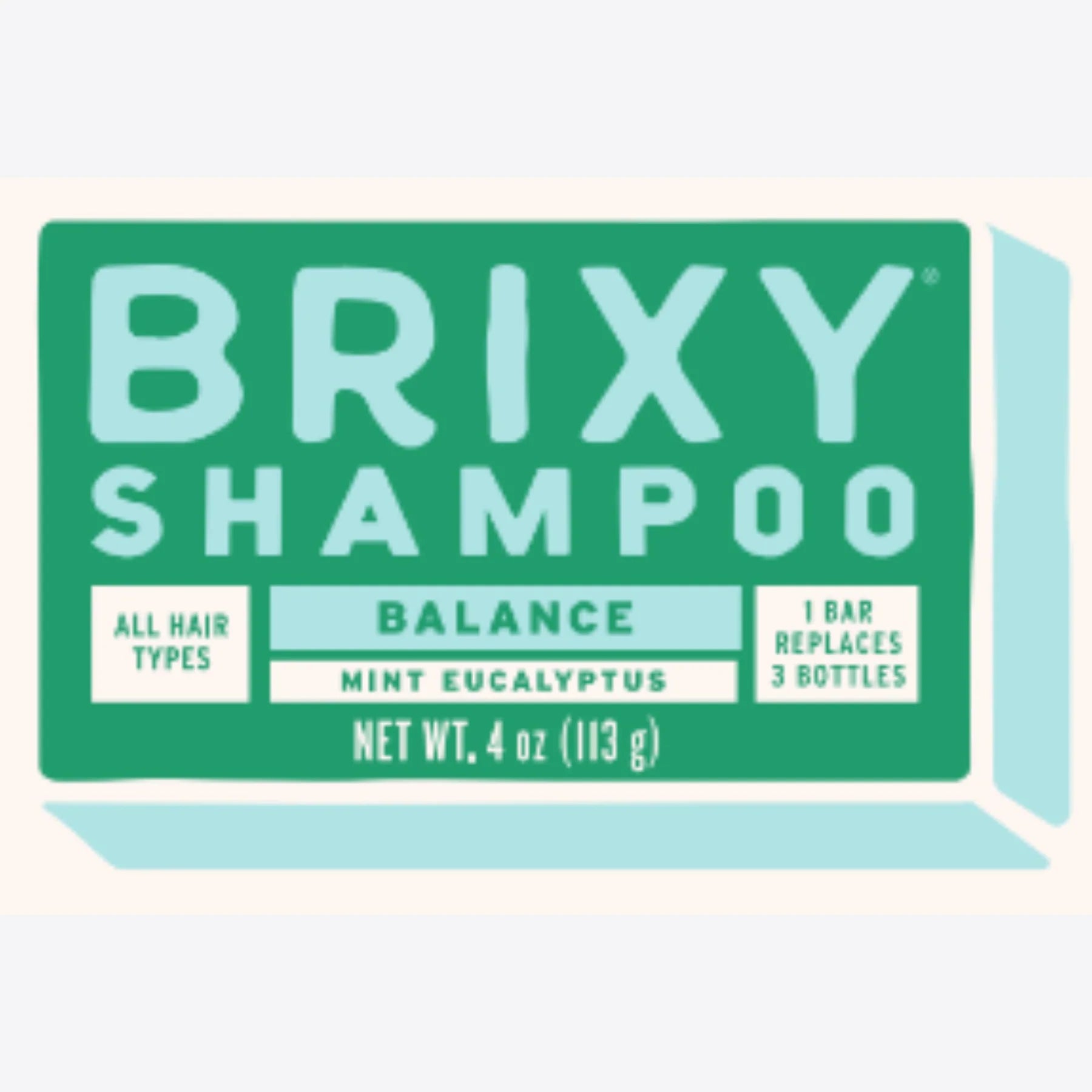 A rectangular box of BRIXY Balance Shampoo in bold green and blue packaging, labeled for all hair types. The product is mint eucalyptus scented and promotes sustainability by replacing three bottles with one solid bar.