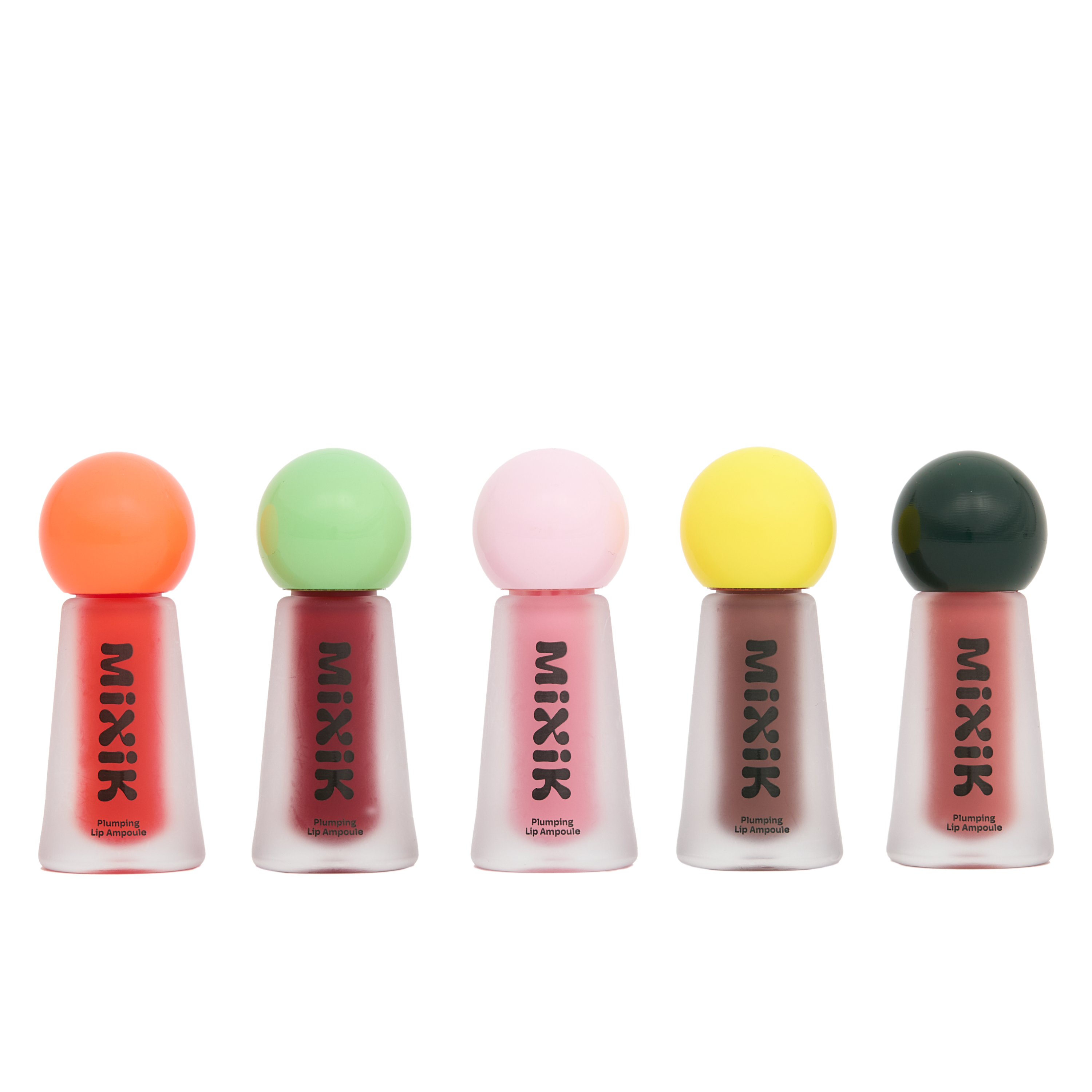 Five colorful lip gloss tubes with spherical ends on a white background, featuring the brand 'MIXIK'.