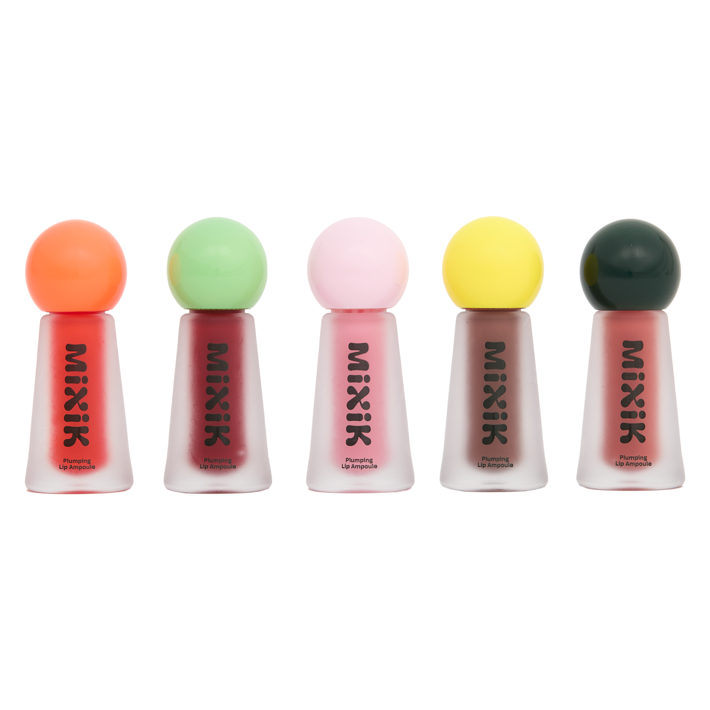 Five colorful lip gloss tubes with spherical ends on a white background, featuring the brand 'MIXIK'.