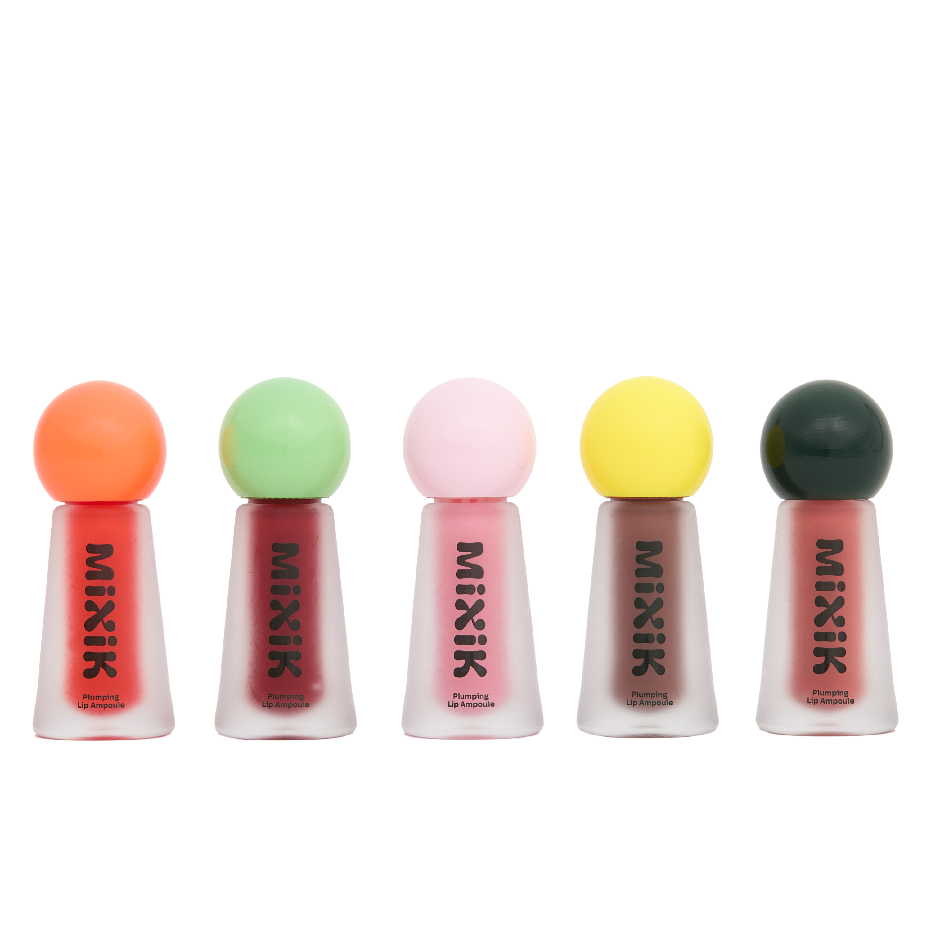 Five colorful lip gloss tubes with spherical ends on a white background, featuring the brand 'MIXIK'.