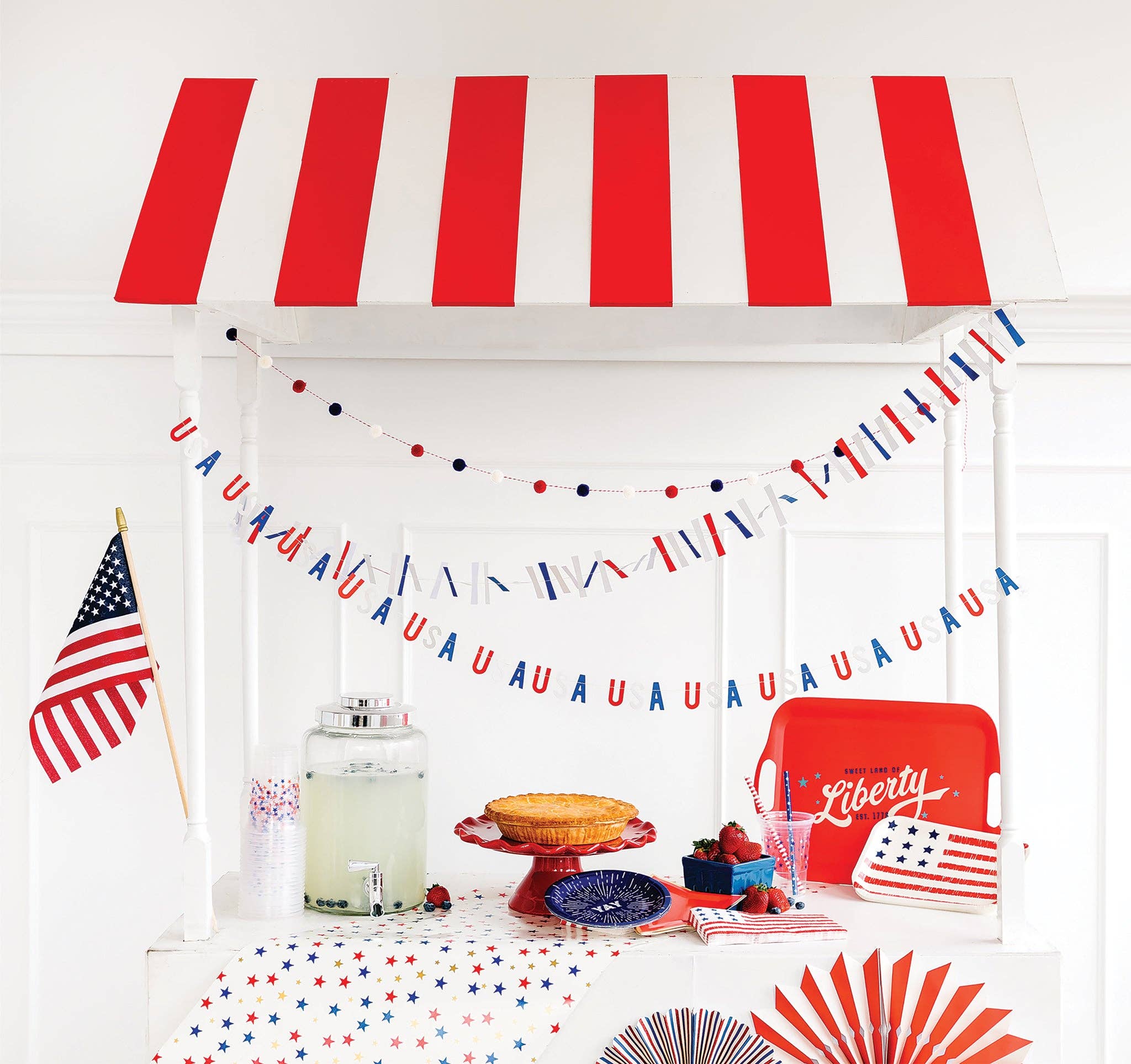 Celebrate the USA in red, white and blue with this festive banner set! This banner set includes red, white and blue pom pom banner, a mini USA banner, and a patriotic ticker tape banner. This banner set makes quick and stylish work of decorating a backyard barbeque or mantle display!

Details:

USA banner approximately 5 feet long pre-stitched
Pom pom banner approximately 5 feet long pre-strung
Ticker tape banner approximately 5 feet long pre-stitched
USA letters 1.5 inches tall
3 Sets Makes One Pack
