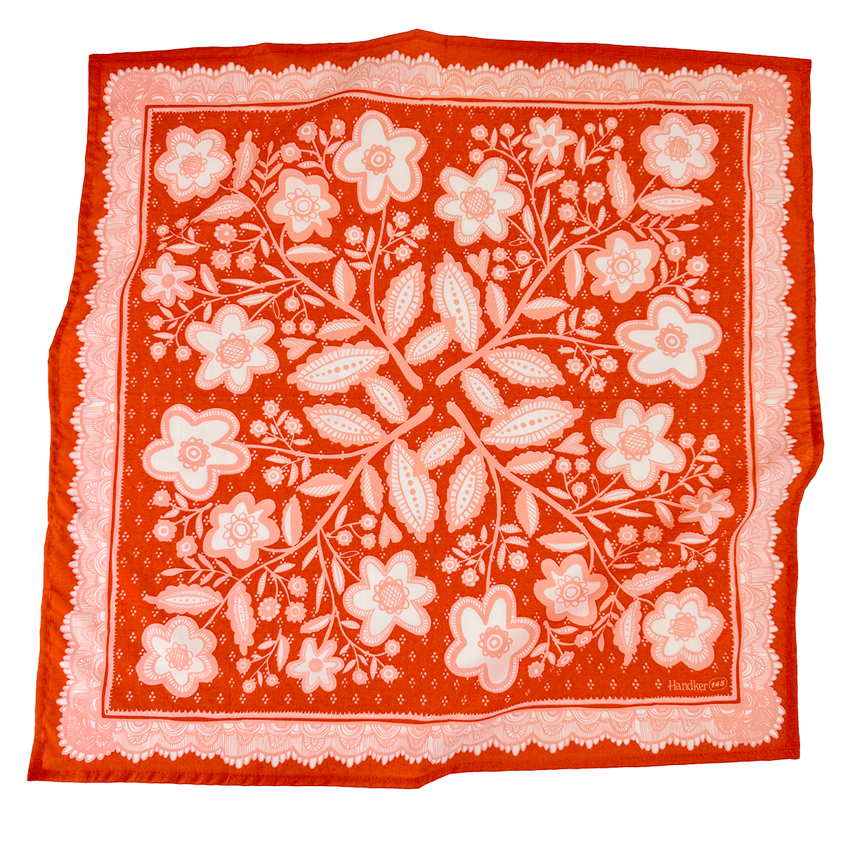 Red bandana with white floral pattern on a white background
