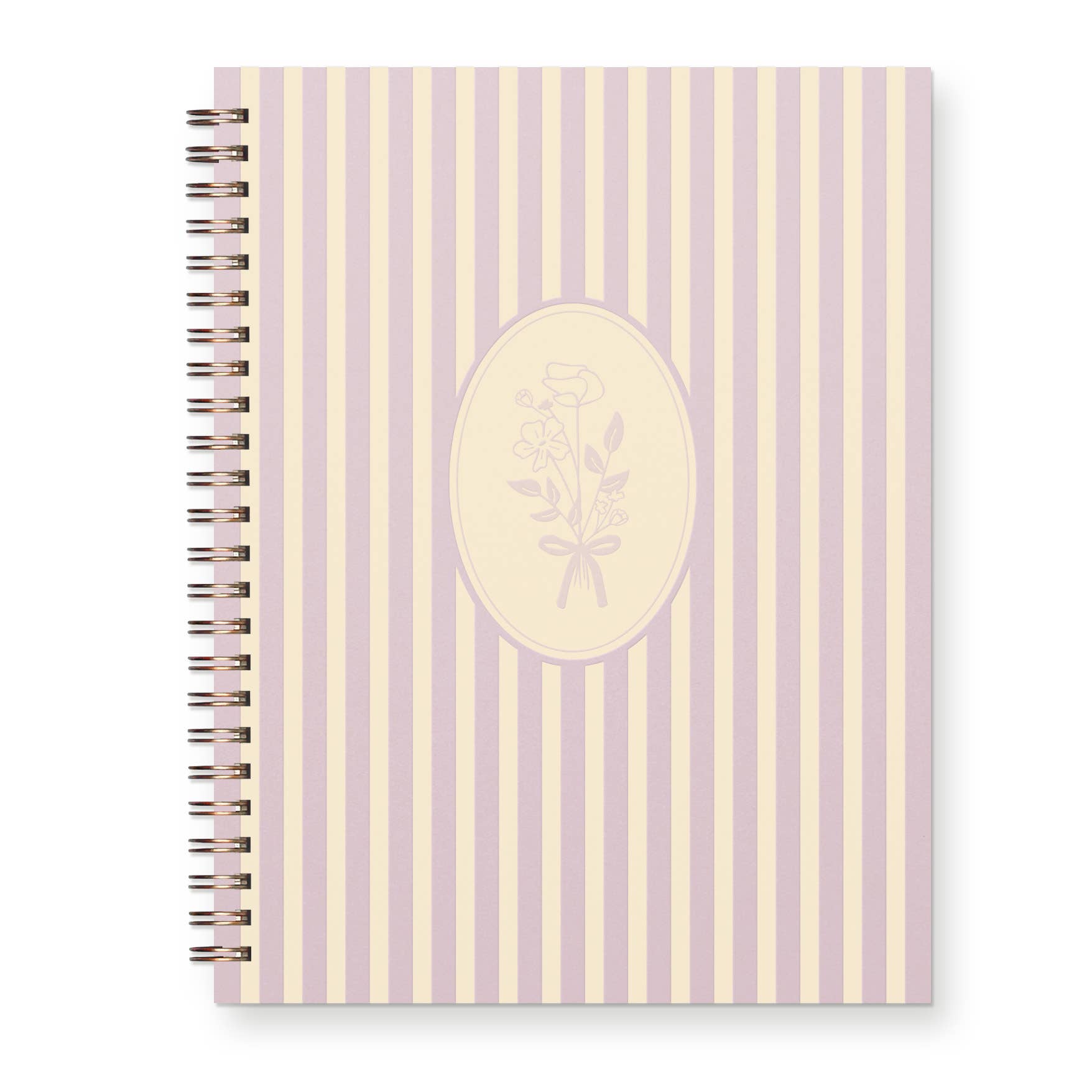 Notebook with purple and yellow striped cover and floral design in the center on a white background