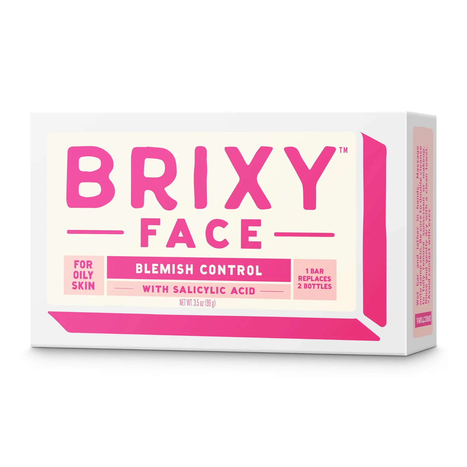 A rectangular box of BRIXY Face Blemish Control Cleanser features bold pink text on a white background, designed for oily skin. The packaging highlights key ingredients like salicylic, and notes that one bar replaces two bottles of traditional cleanser.