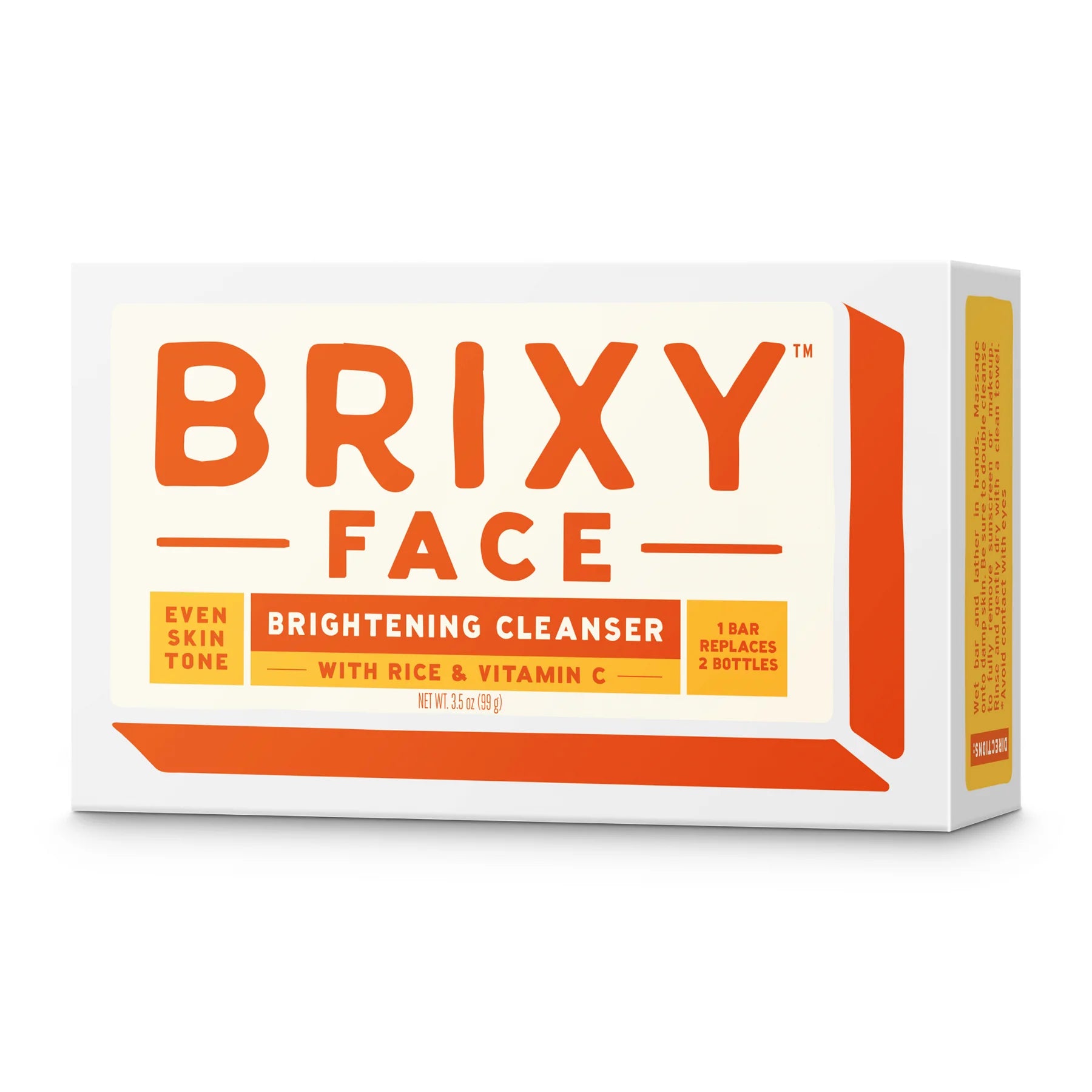 A rectangular box of BRIXY Face Brightening Cleanser features bold red text on a white background, designed for dull or Uneven skin. The packaging highlights key ingredients like rice and vitamin C, and notes that one bar replaces two bottles of traditional cleanser.