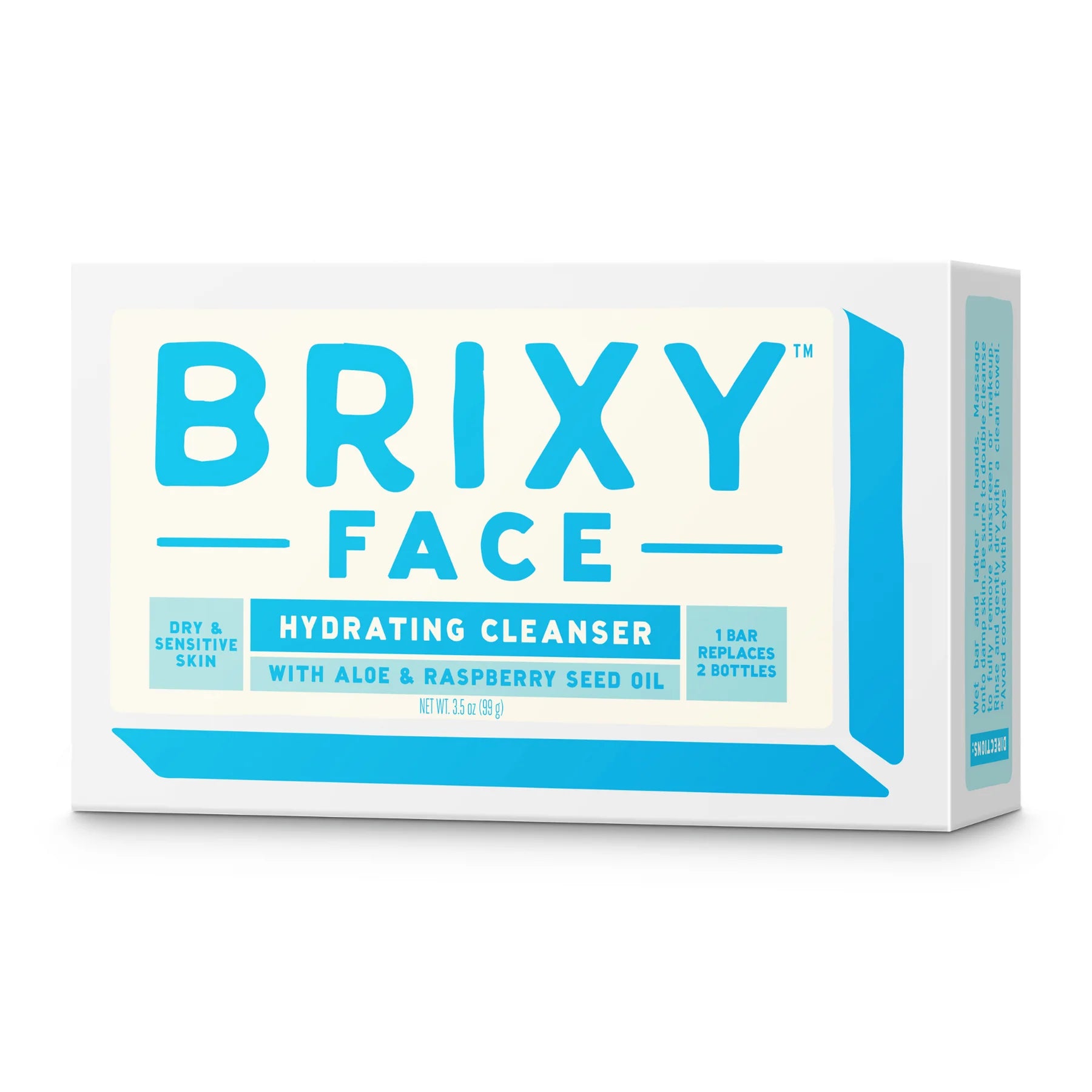 A rectangular box of BRIXY Face Hydrating Cleanser features bold blue text on a white background, designed for dry and sensitive skin. The packaging highlights key ingredients like aloe and raspberry seed oil, and notes that one bar replaces two bottles of traditional cleanser.