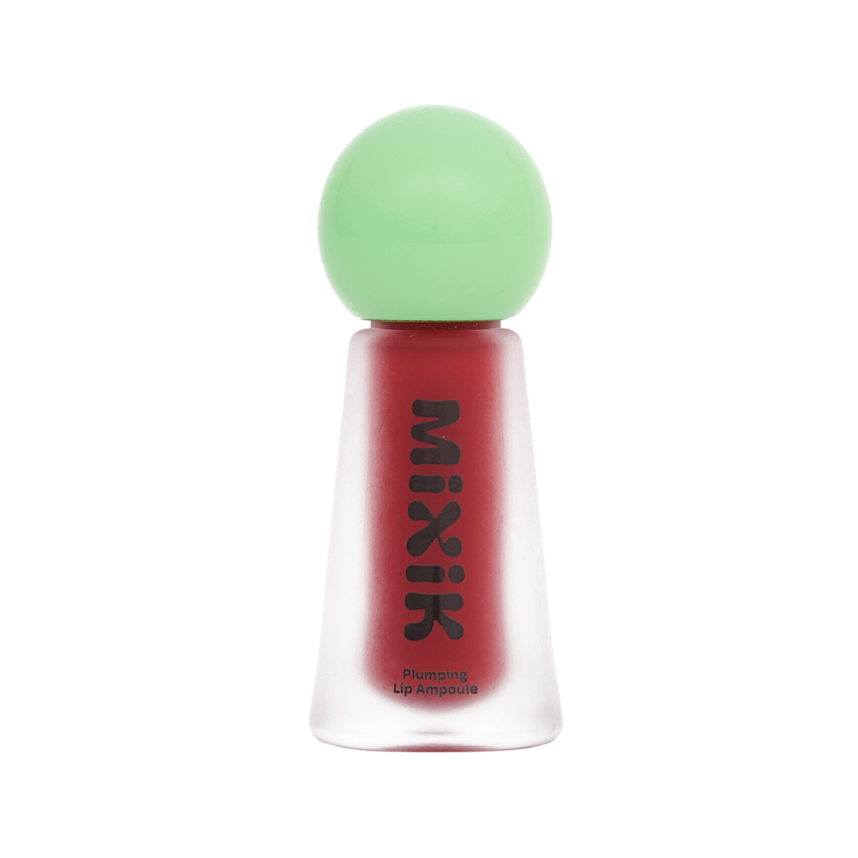 Lip tint with a green applicator on a white background